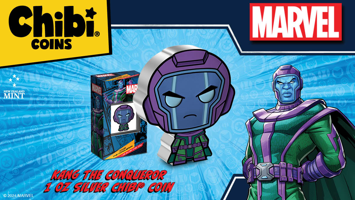 Marvel's Kang the Conqueror, known for his imposing presence, is reimagined on this 1oz pure silver Chibi® Coin. The front of the coin showcases the charming, stylised version of Kang, complete with his iconic helmet and time-traveling device.