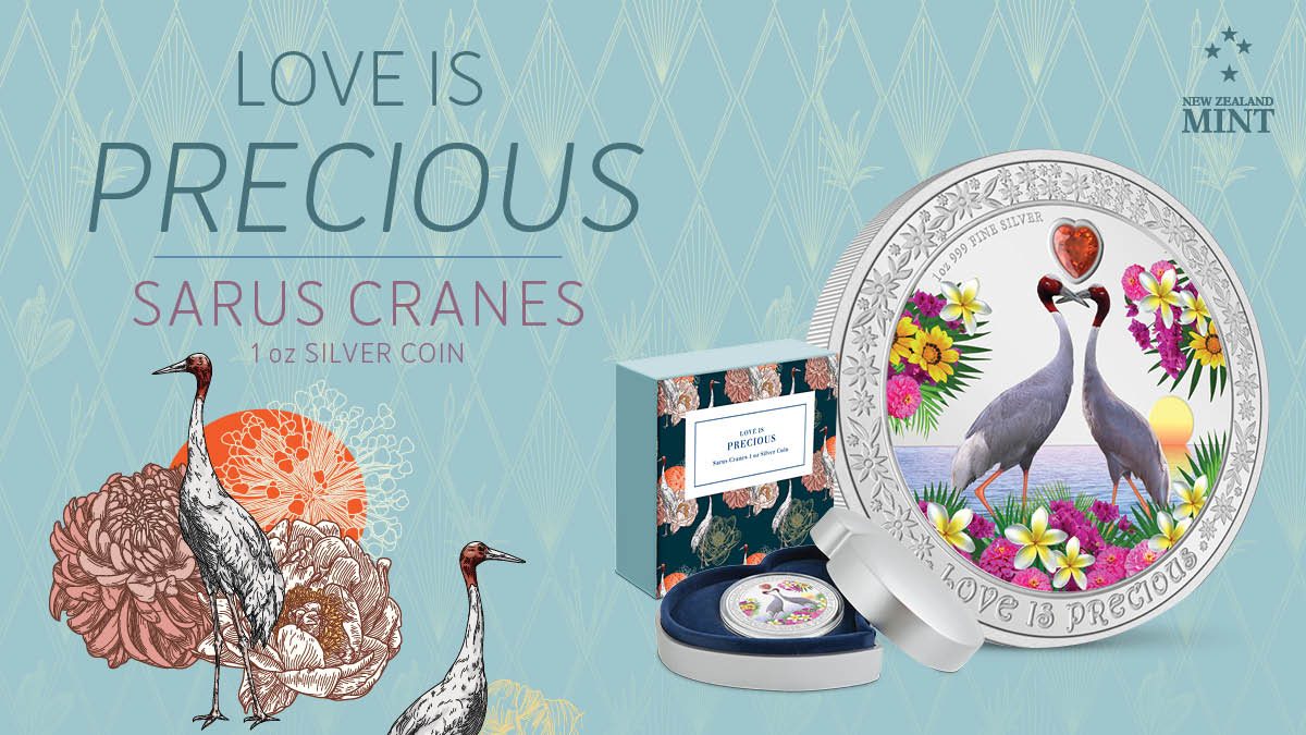 Our annual Love is Precious coin is here! This 2024 release highlights two Sarus Cranes, on 1oz of pure silver. The design features the two birds representing lovers on a body of water, surrounded by beautifully bright flowers.