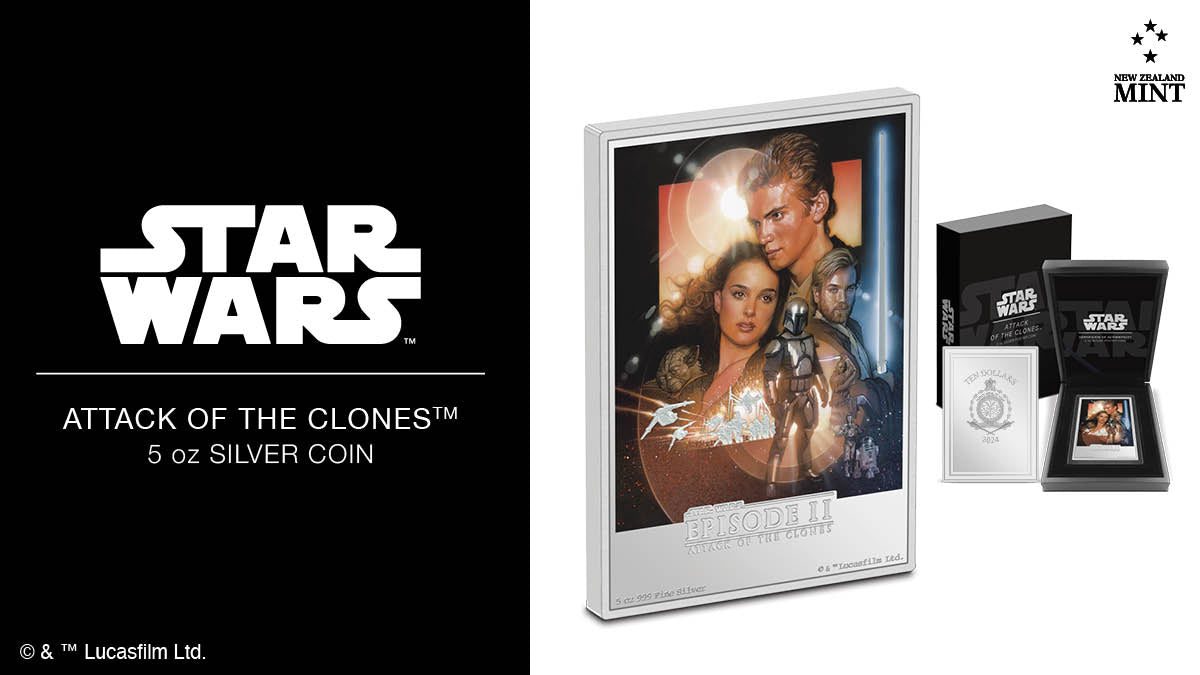 Crafted with meticulous detail, this 5oz pure silver coin is a rare treasure with just 200 available in the world. It features the Star Wars: Attack of the Clones™ iconic poster from the film’s release in 2002.