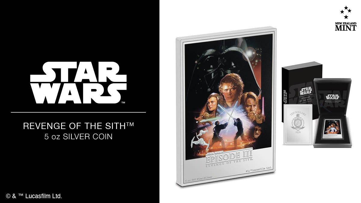 The Star Wars: Revenge of the Sith™ 5oz pure silver coin features iconic artwork of the film’s official poster. The fine detail, frosting, and colouring are truly captivating, with a beautiful mirror finish letting the silver gleam!