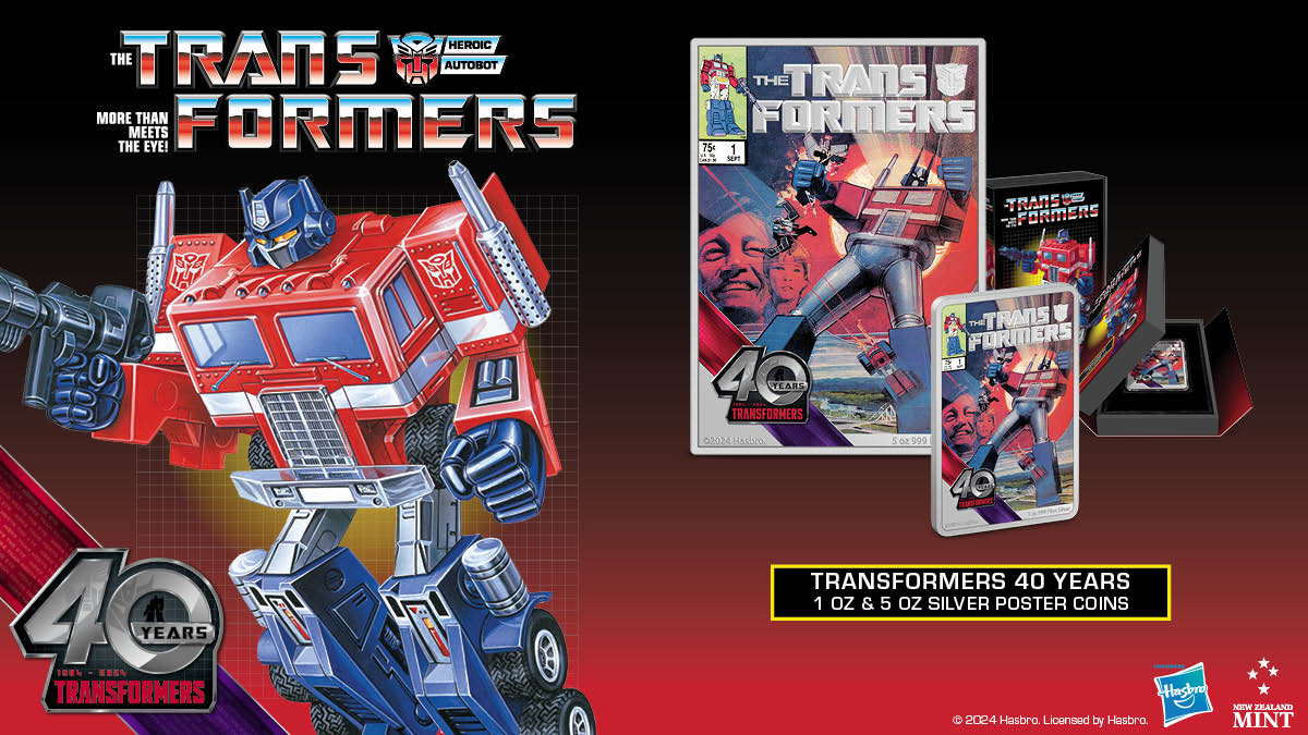 Introducing our Transformers 40th anniversary coins! To reflect this milestone, it was only fitting to have the pure silver coins display The Transformers #1 comic from September 1984! Both feature The Transformers and anniversary logos.