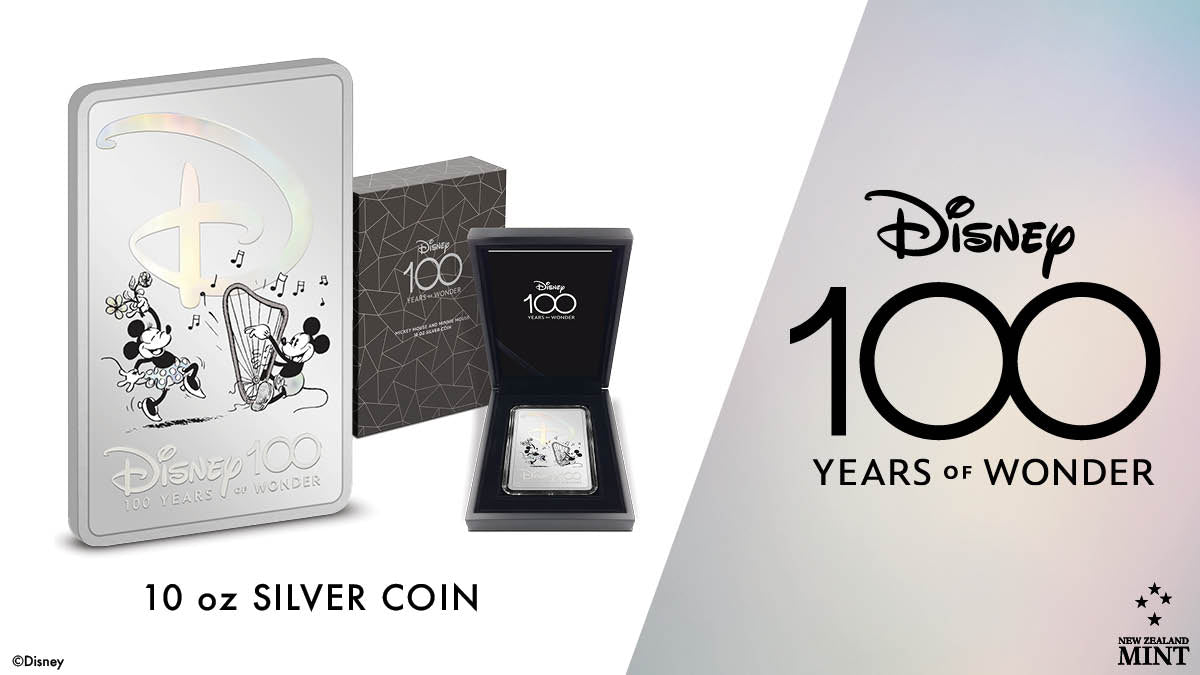 Made of 10oz pure silver, this impressive piece features the beloved pair that we all picture when we think of Disney, Mickey Mouse and Minnie Mouse! The anniversary logos are included, and the entire background is mirrored.