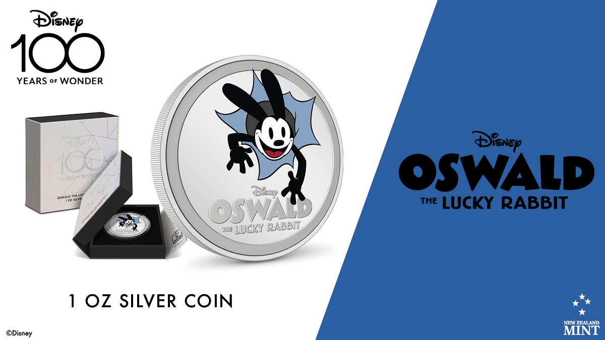 This special coin is made of 1oz pure silver, showing Disney’s Oswald the Lucky Rabbit in colour, on both sides, bursting through the coin – how adorable! His logo is below, in a frosted finish, which ties in well with the frosted border.