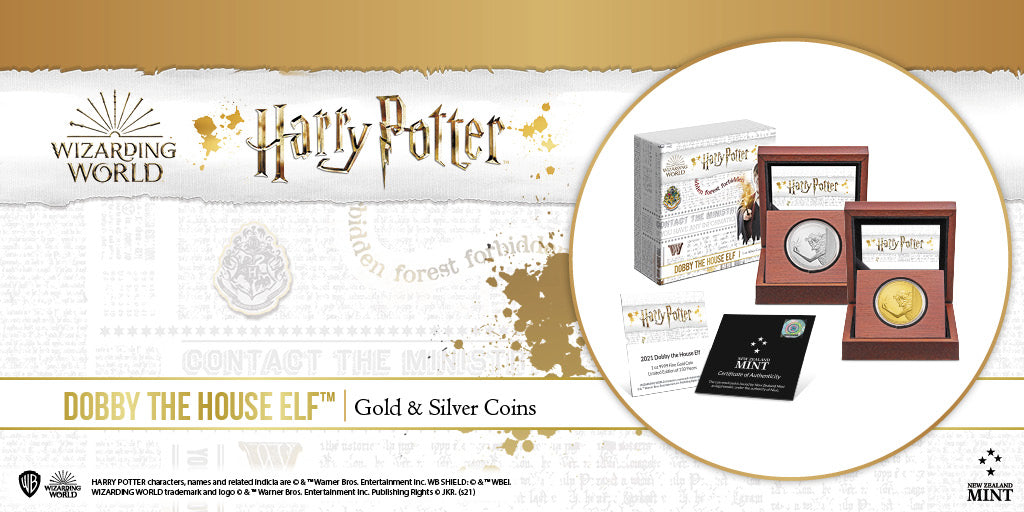 These finely engraved 1oz silver, 1oz gold and ¼oz collectible gold coins feature loyal friend to Harry Potter, Dobby the House Elf. The coins show the delightful Dobby using his magic to apparate in Harry Potter and Chamber of Secrets™.