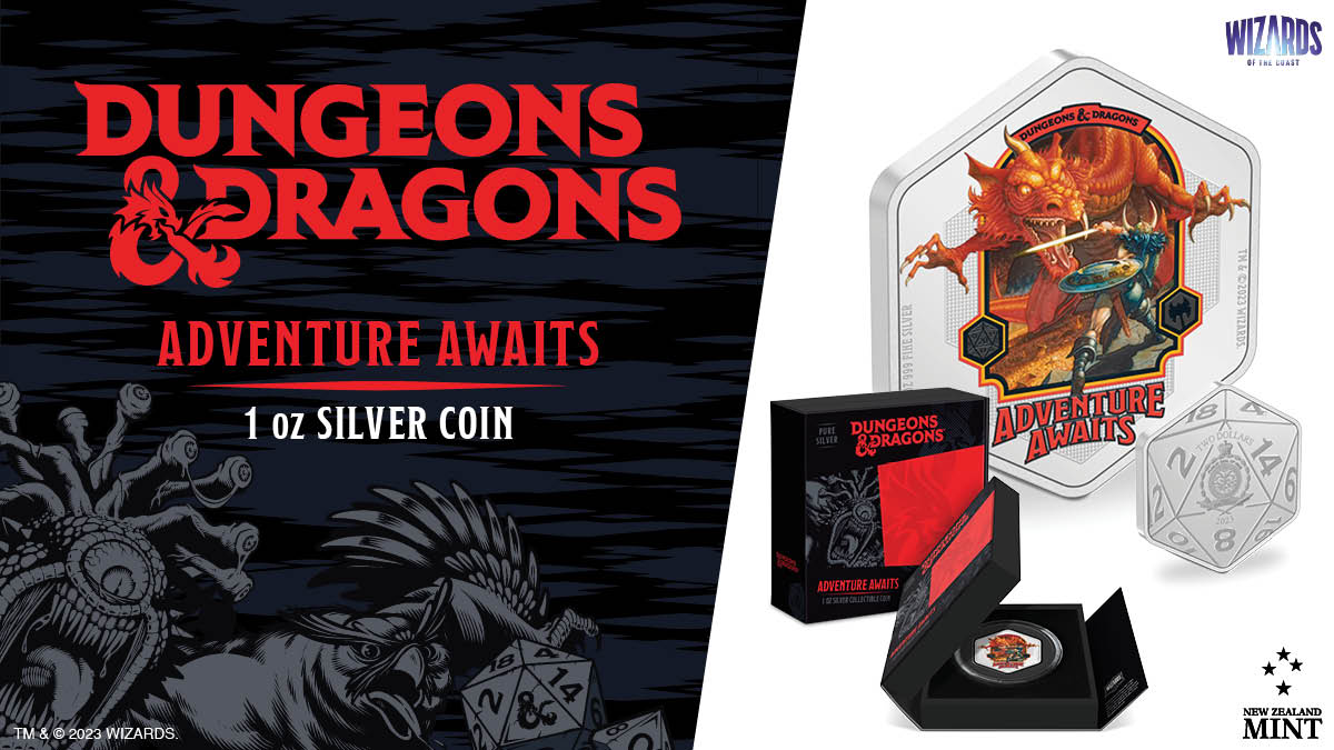 This shaped 1oz pure silver coin displays action-packed, coloured imagery inspired by the Dungeons & Dragons game. Frosted engraving and mirror-finish are featured behind, creating a striking contrast.