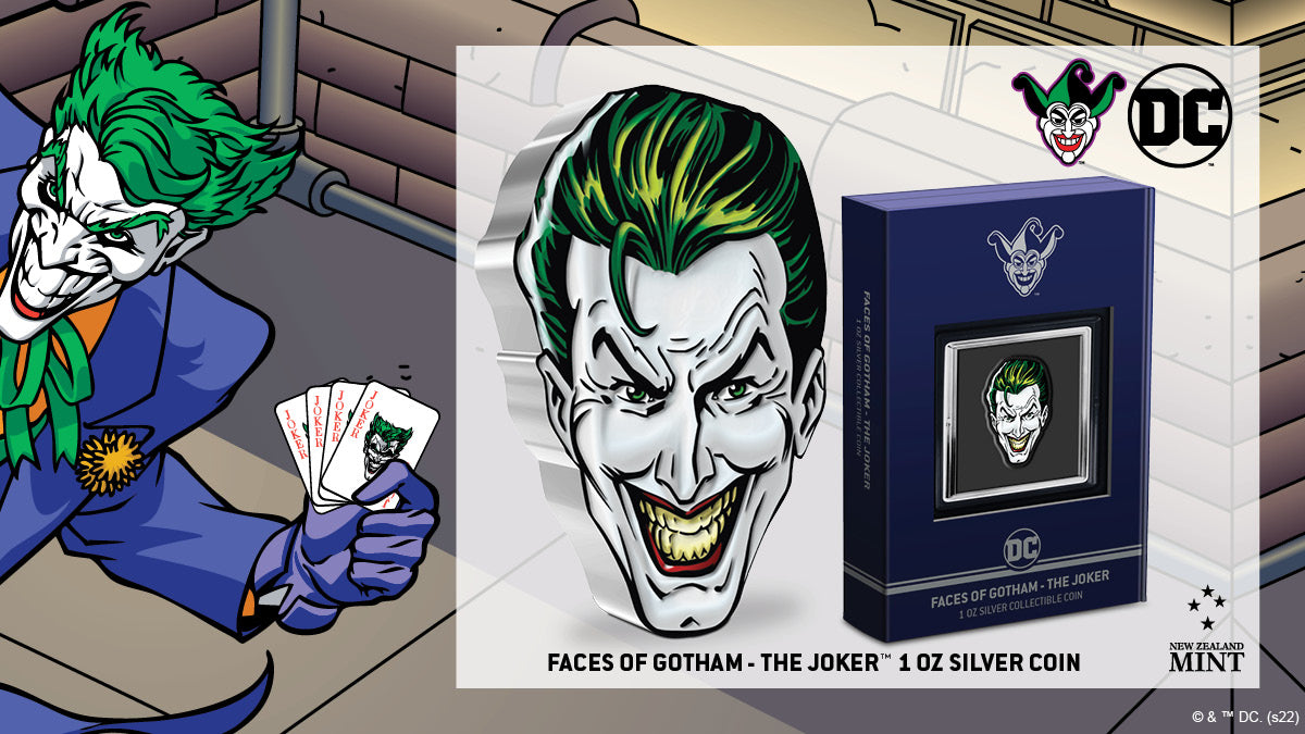 Our DC Coin Collection for the Faces of Gotham™ continues! This time it’s the face of the lover of chaos, THE JOKER™. A homicidal artist whose name strikes terror into the hearts of the citizens of GOTHAM, presented on a shaped 1oz pure silver coin.
