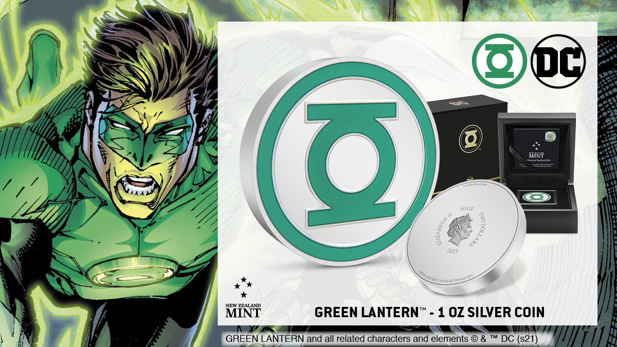This new release is for all fans of GREEN LANTERN™. Shining bright on a 1oz pure silver collectible coin, this keepsake replicates the GREEN LANTERN CORPS symbol, a stylized depiction of a green lantern consisting of a circle with two straight lines.