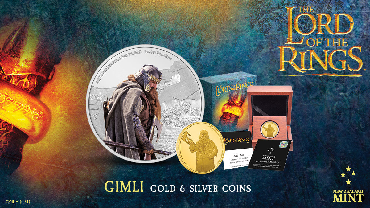 This new 1/4oz gold coin features a raised and frosted image of Gimli, axe in hand of course, which contrasts beautifully against the mirror finish background. While the 1oz silver coin shows Gimli in full colour, front and centre, carrying weapons.