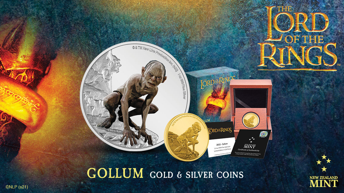 Our Classic Coin Collection would not be complete without Gollum! On the 1/4oz gold coin there is a raised and frosted image and the 1oz silver coin shows him in full colour, with additional relief and frosting for the rock he perches on.