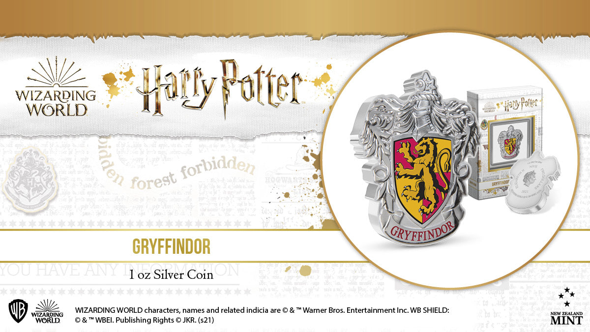  This 1oz pure silver coin forms part of the Hogwarts House Crest Collection. The red and gold crest bears the Gryffindor lion on the shield and the ‘Gryffindor’ name along the bottom. A beautifully engraved surround has a mirrored & frosted finish.