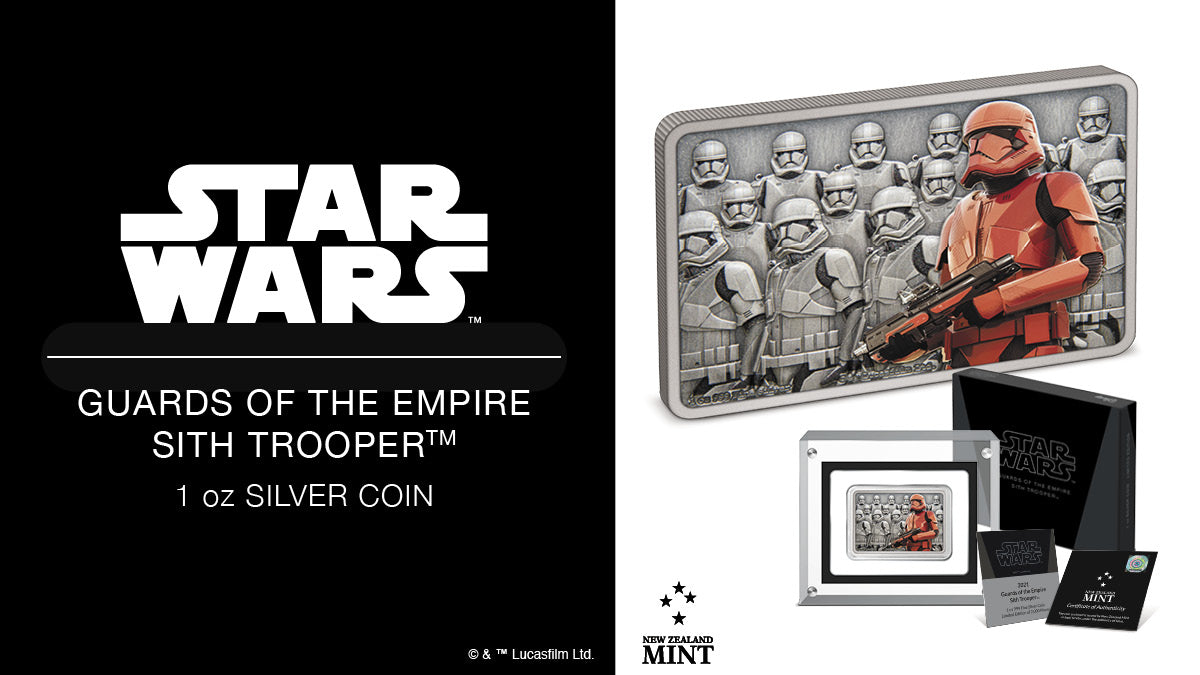 This collectible 1oz silver coin shows one Sith Trooper in full colour holding his blaster rifle. The detailed, engraved background shows more Troopers standing shoulder to shoulder, ready for battle. An antique finish adds to the menacing feel!