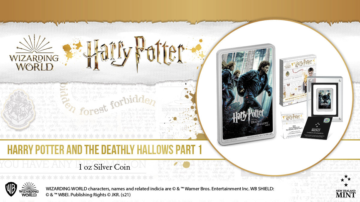 The penultimate 1oz pure silver coin in our HARRY POTTER™ Movie Poster Coin Collection is released today. Celebrating the seventh film in the series, this coin for Harry Potter and the Deathly Hallows Part 1™ features Harry, Ron, and Hermione.