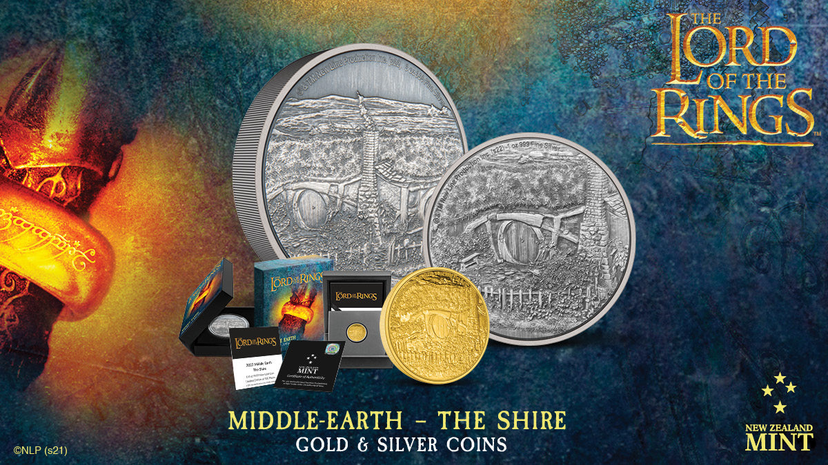 The 3oz pure silver engraved coin shows the full beauty of the Shire, with close-ups on the iconic hobbit-holes for the 1oz silver and 1/4oz gold versions The silver coins have also been antiqued to provide further definition to the landscape.