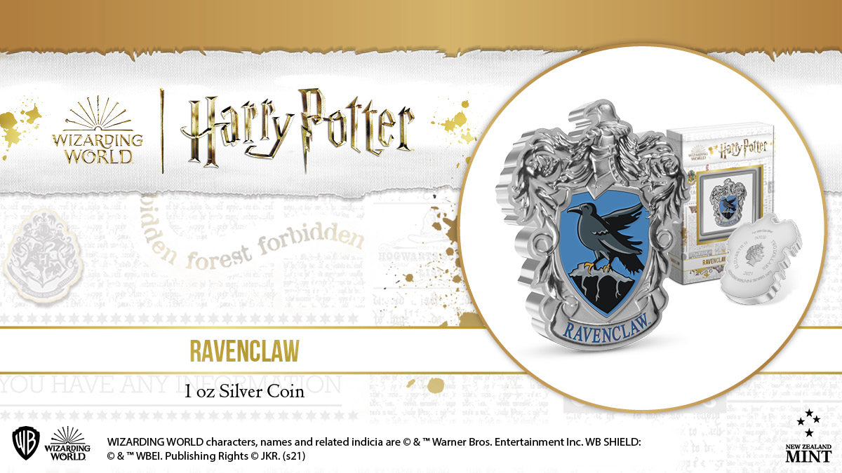 This 1oz pure silver coin is the third to feature in the Hogwarts™ House Crest Collection. The shining crest features a raven on a coloured shield and the ‘Ravenclaw’ name.. The beautifully engraved surround has a mirrored and frosted finish.