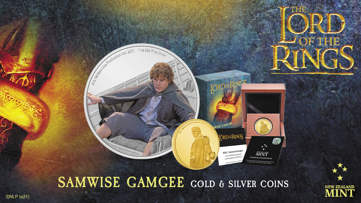 This 1/4oz gold coin shows Samwise wearing his travelling cloak and pack, on his journey with the Fellowship – where his frying pan came in handy as a weapon! This raised and frosted image contrasts beautifully against the mirror finish background.