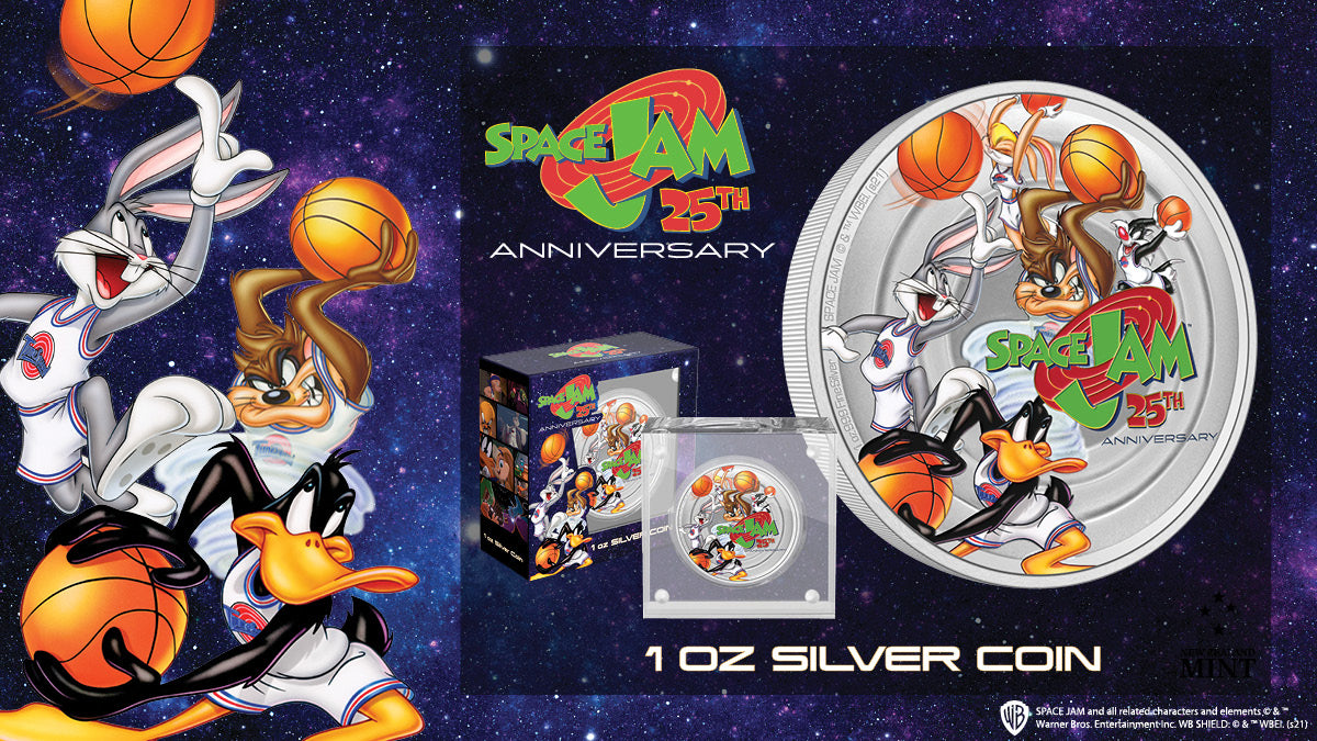 This 1oz silver coin shows five of the Tune Squad members - jersey number 1, Bugs Bunny; 2, Daffy Duck; 9, Sylvester; 10, Lola Bunny; and exclamation point, Tasmanian Devil! These delightfully coloured characters are set against an engraved background.