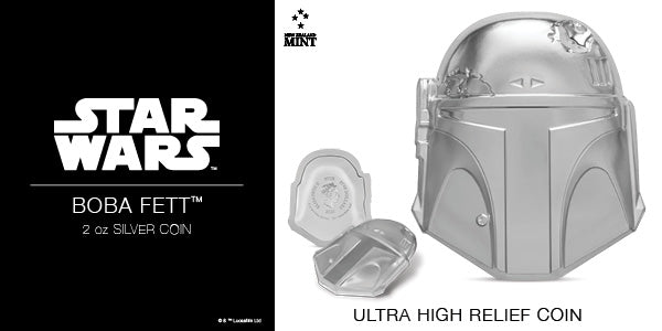 Star Wars™ Helmets: Boba Fett™ Helmet Ultra High Relief 2oz Silver Coin available now
