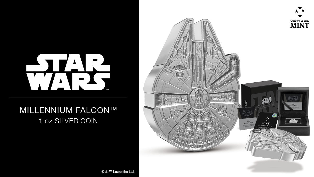 This Millennium Falcon 1oz Silver Collectible Coin is presented inside a black coin case and nestled in black velvet. The case is protected by a Star Wars-themed box confirming the prize inside. A magnificent keepsake for any Star Wars collector.