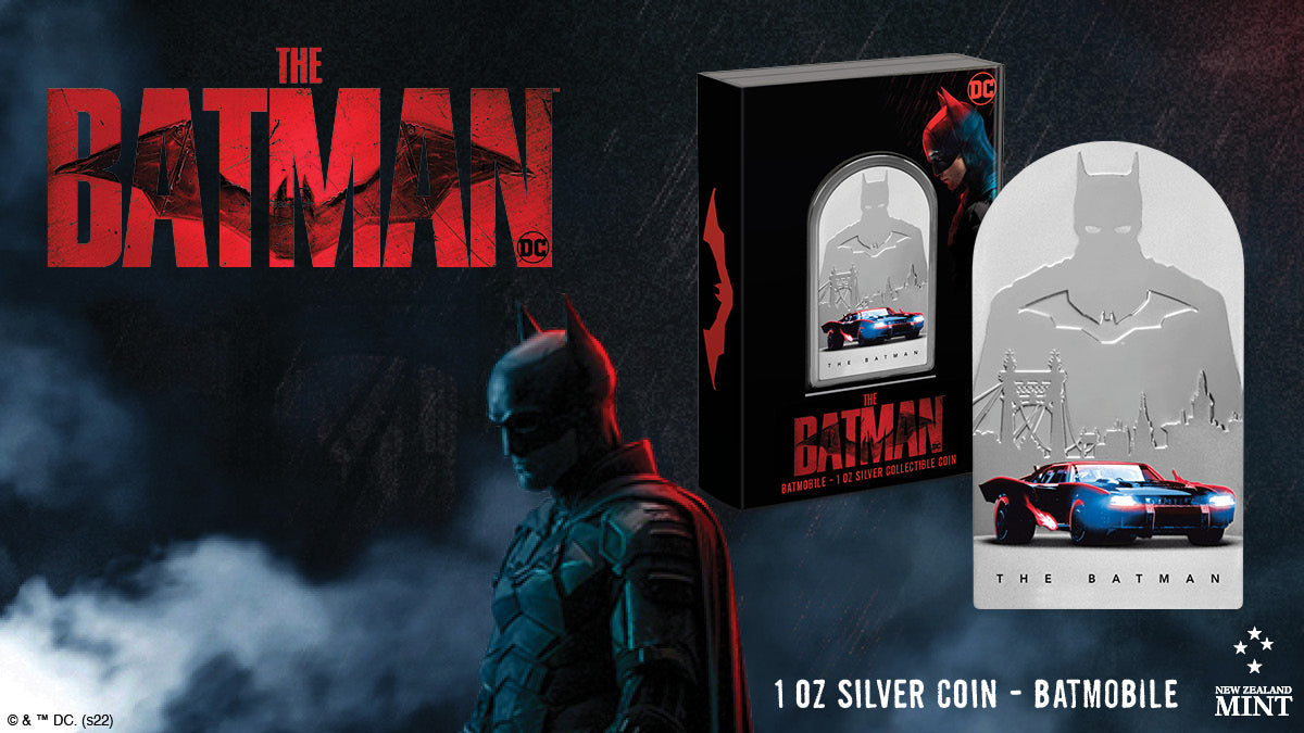 This 1oz pure silver coin showcases the new Batmobile from the recently released Warner Bros. film The Batman™. It's shown in full colour with the GOTHAM CITY skyline engraved behind. An outline of BATMAN™ and the Bat emblem complete the montage.