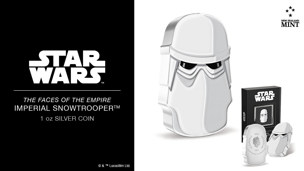 Forming part of our The Faces of the Empire™ Collection, these unusual 1oz pure silver collectible coins follow the shape and colour of the Imperial Snowtrooper’s helmet. The minimalist design includes extra relief to add further interest.