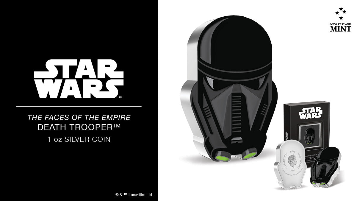 Our Faces of the Empire™ Collection continues with a sixth coin, and this time it’s the turn of the elite Imperial soldier, the Death Trooper™. These unique pure silver collectible coins follow the shape and colour of the Death Trooper’s helmet.