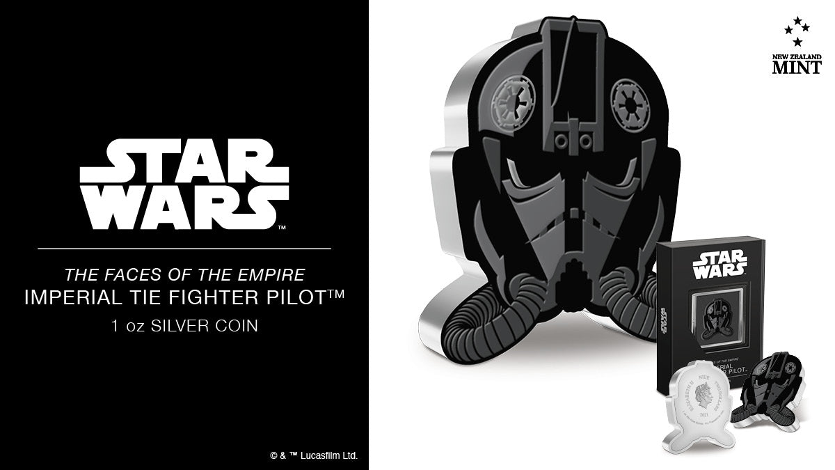 This new Star Wars™ Coin Collection, Faces of the Empire™ addition has been shaped and coloured to replicate the Imperial TIE Fighter Pilot’s intimidating helmet. A full 1oz of pure silver, the design includes additional relief to give it a 3D feel.