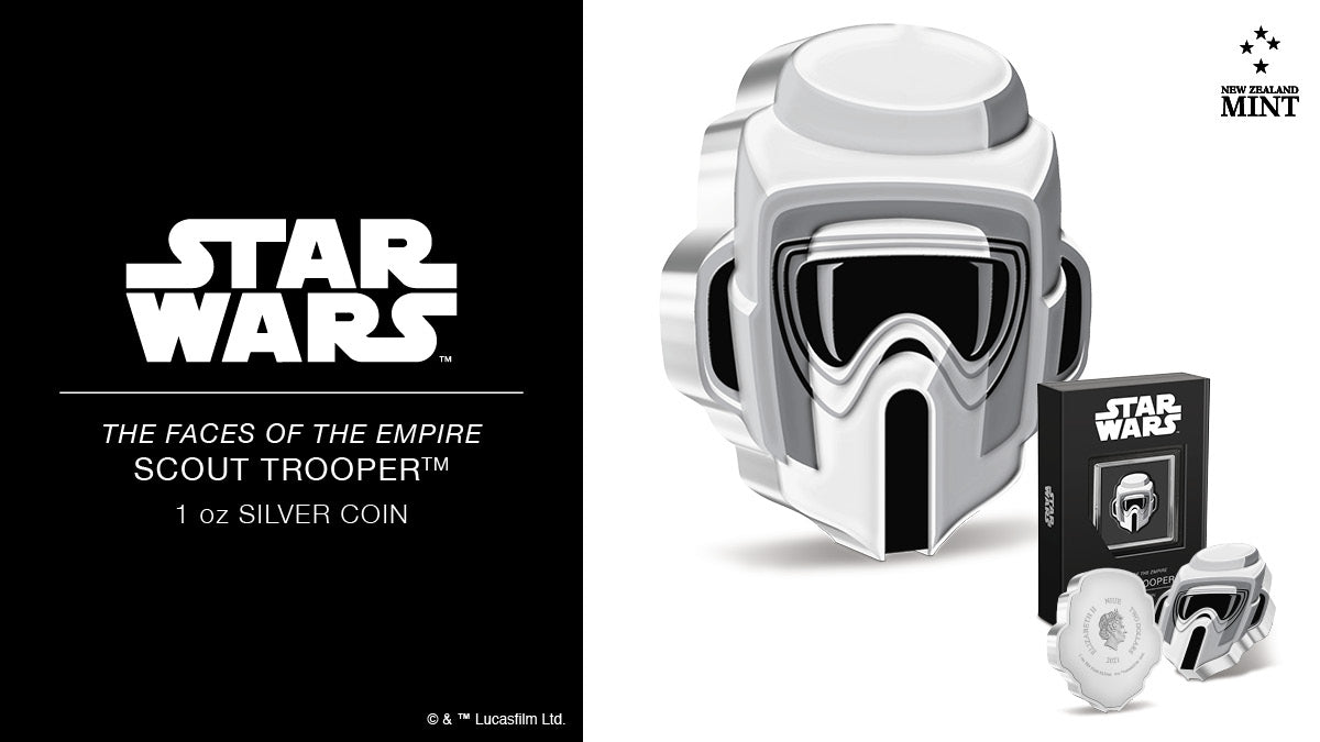 One for the Star Wars™ collectors! This 1oz coin has been shaped and coloured to replicate the Scout Trooper™'s unique visor/helmet. A full 1oz of pure silver, the design includes additional relief to give it a more 3D feel. 
