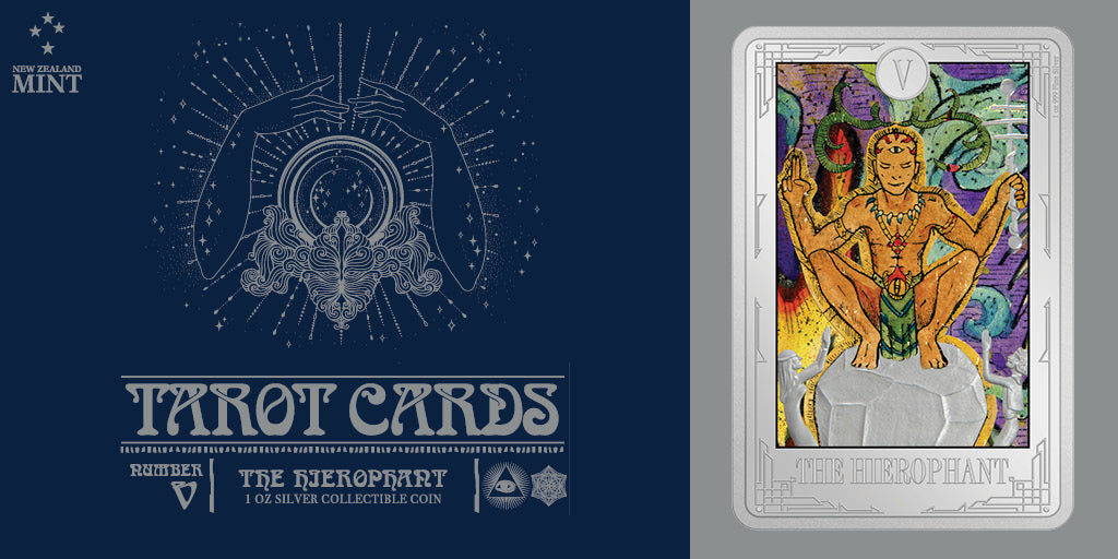 The Hierophant is card number Five in the emblematic Tarot cards known as the Major Arcana. Made from 1oz pure silver, this coin has been coloured, engraved, and shaped to mirror a Tarot card. The packaging opens like a book to reveal the coin.