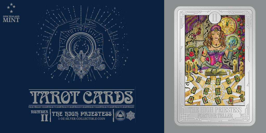 The next card in our Taro Card Coin Collection is for card number two, The High Priestess. This rectangular 1oz pure silver coin mirrors the shape of a Tarot card. It is coloured and engraved on the reverse. The obverse features the Queen's effigy.