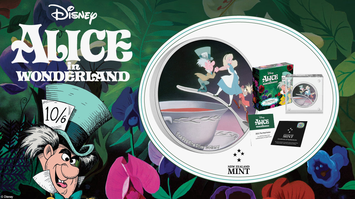 This delightful 1oz pure silver coin celebrates the tea party scene from this classic movie. It features an image of Alice, with the Mad Hatter and the March Hare, teetering on a spoon over a teacup! The design is enhanced by mirror highlights.