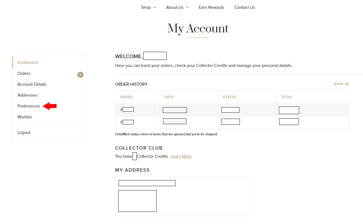 Image of our 'My Account'/Preferences Dashboard where you'll find your email brand preferences.