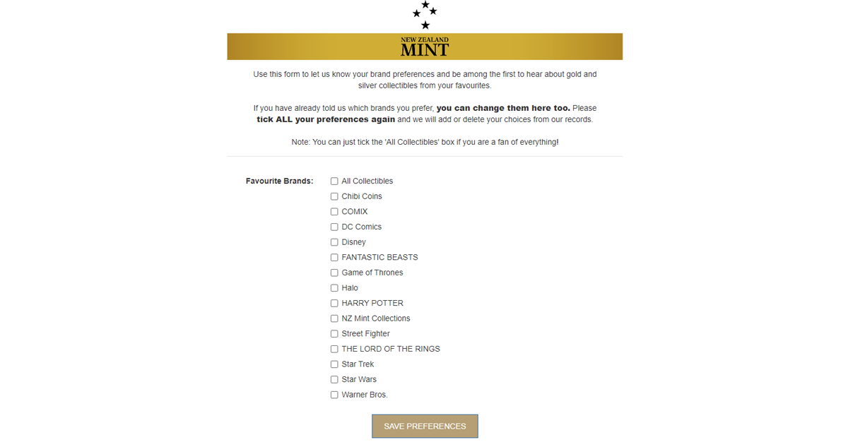Image of our 'Favourite Brands' email preferences screen.
