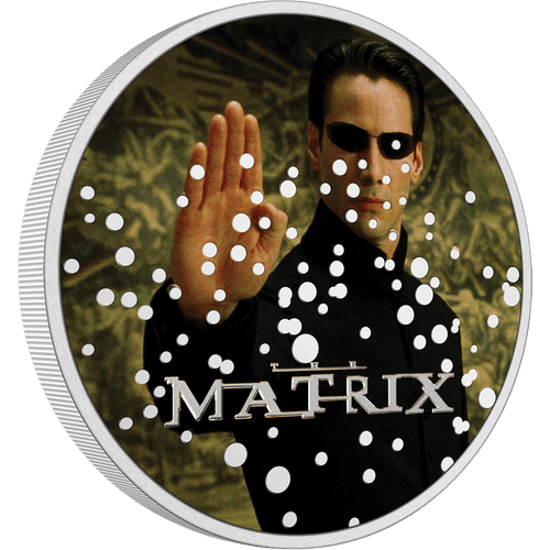 This incredible Warner Bros. collectible coin celebrates The Matrix which premiered in 1999. Made from 1oz pure silver, the coin shows a coloured image of Neo seeming to stop time and bullets! The bullets have been polished so the silver shines out. | NZ Mint