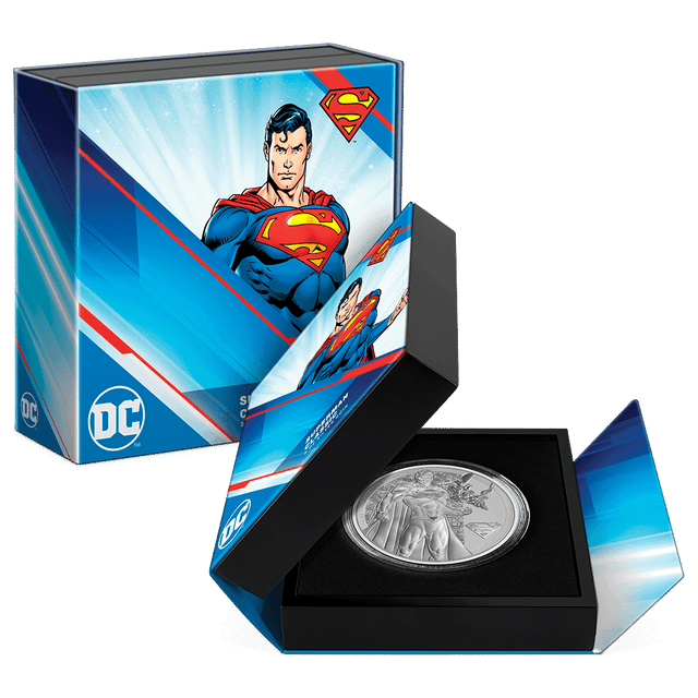 SUPERMAN™ Classic 3oz Silver Coin Featuring Custom Book style Packaging With SUPERMAN Imagery, and Certificate of Authenticity Sticker.