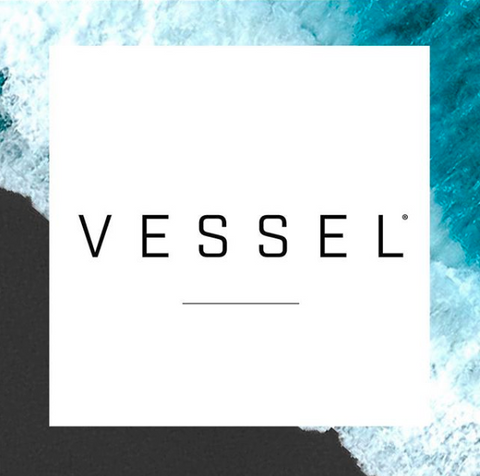 vessel brand name over a white square with a border of the ocean