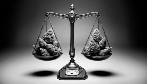 scales of justice holding nugs of cannabis