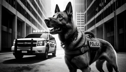 canine cop standing next to a police car
