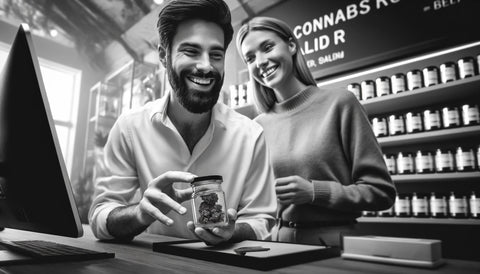 happy person buying cannabis at a dispensary