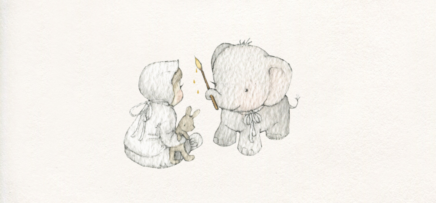 children's illustration of a cute baby elephant and child