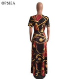 Opslea African Women Short Sleeve Dress New Ethnic Print V Neck Dress Dashiki African National Plus Size Long Skirt With Belt 1