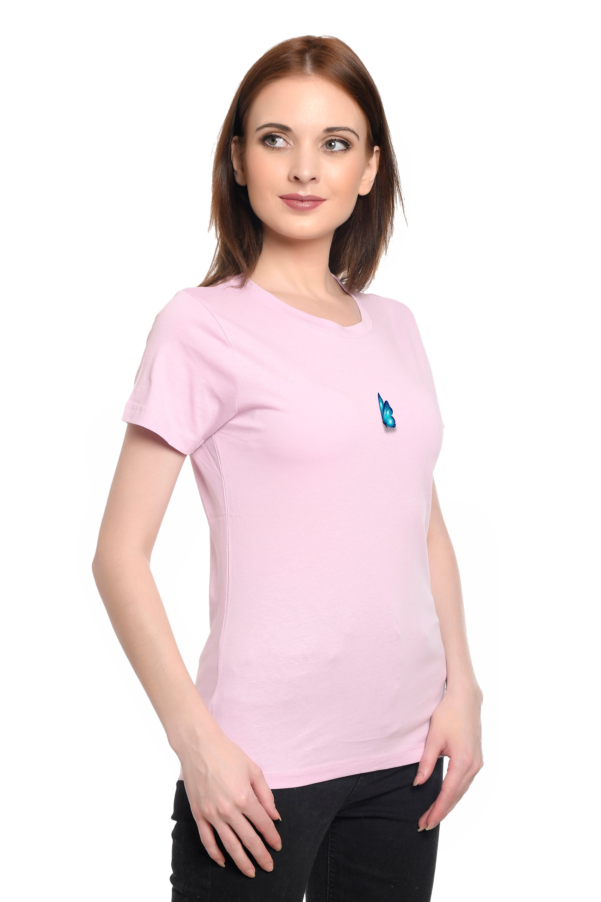 Stycon  Butterfly Rose Pink Women Round Neck Plain Half Sleeve T-shirt