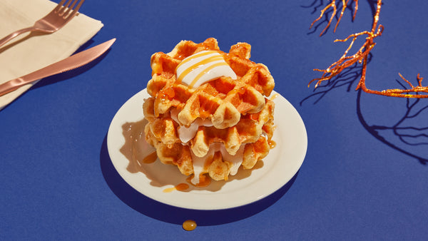 Belgian Waffles with Marshmallow Fluff and Caramel Drizzle