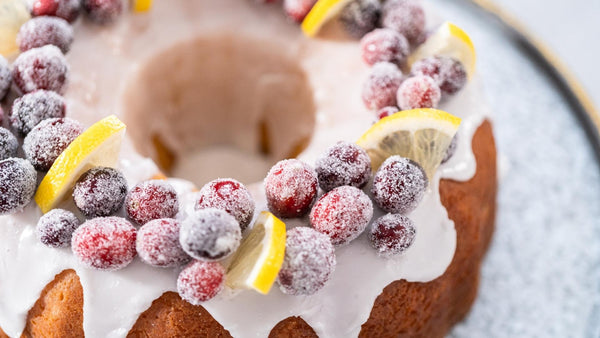 Close up of frosted cranberry bundt cake