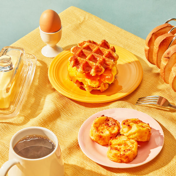 Belgian Waffle breakfast sandwich paired with cheese gratins