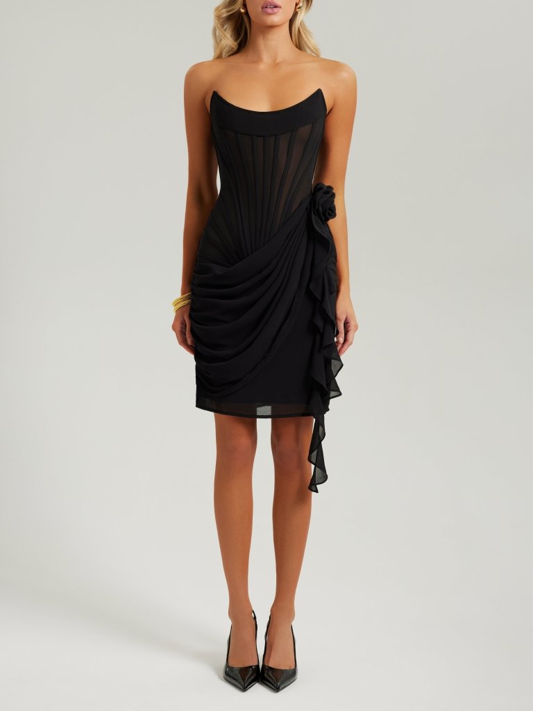 Black chiffon mesh corset flower drape mini dress - HEIRESS