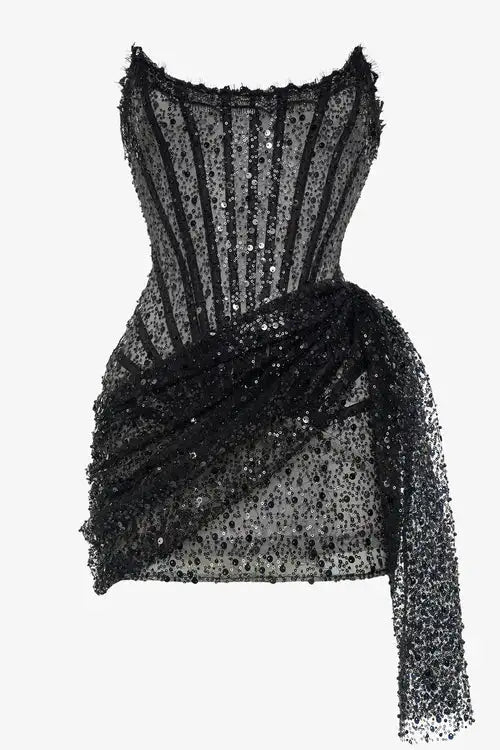 Black corset flared a-line crepe mini dress - HEIRESS BEVERLY HILLS