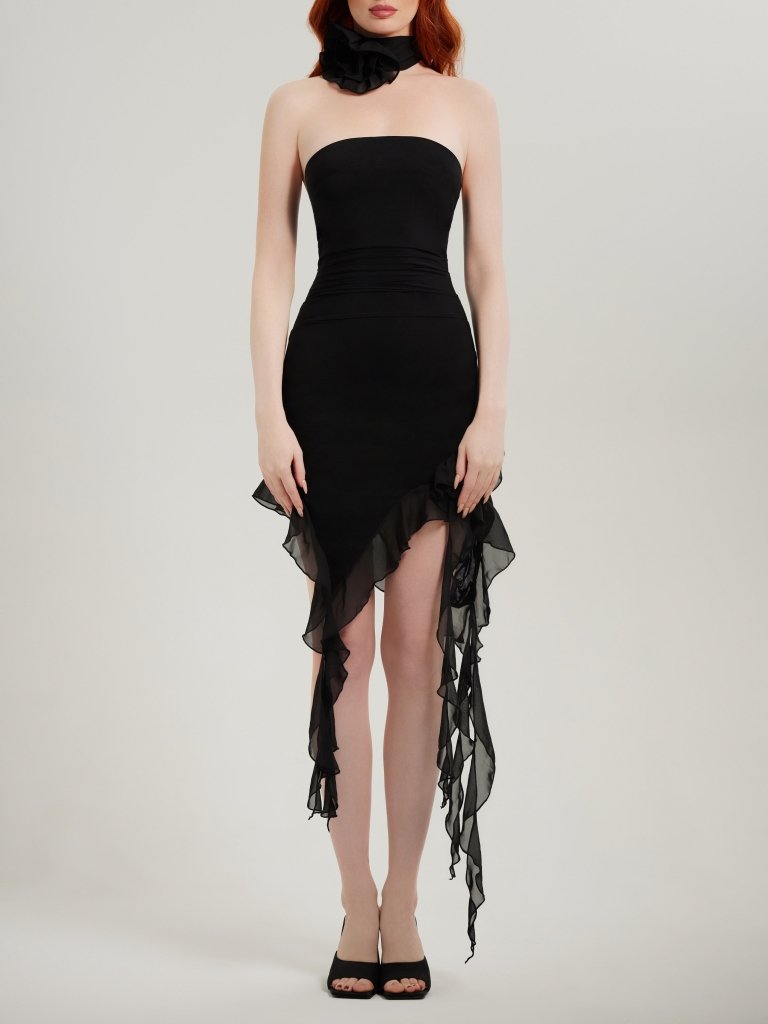 ALSLIAO Womens Square Neck Shirred Ruffle Hem Elegant Long Sleeve Maxi  Dresses Black L 