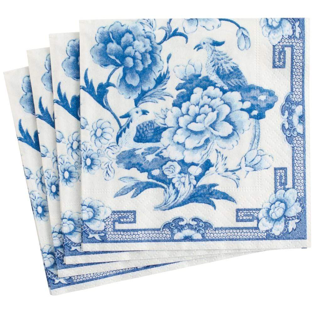 5 Pack White Blue Chinoiserie Floral Print Satin Cloth Dinner