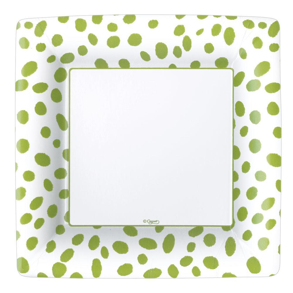 Caspari Square Paper Dinner Plates, Green Spots
