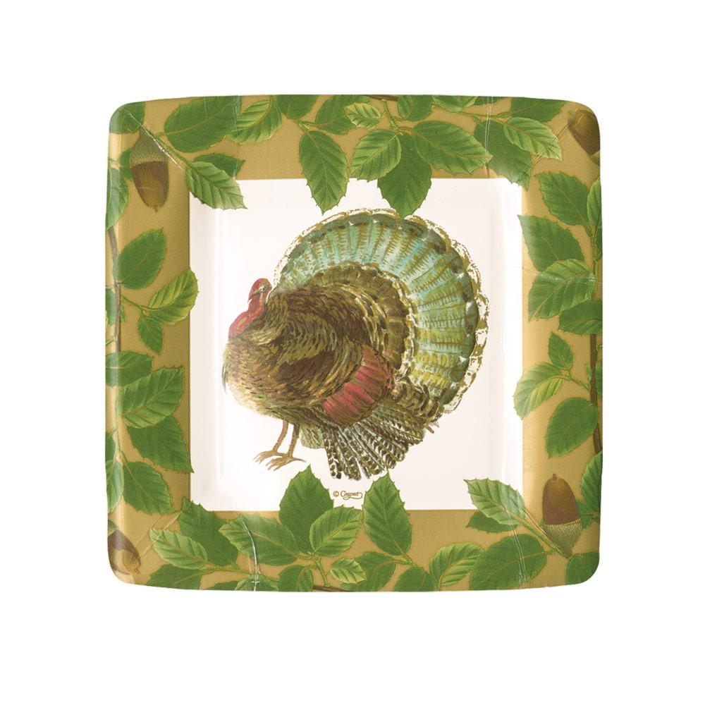 Caspari Woodland Turkey Square Paper Salad & Dessert Plates